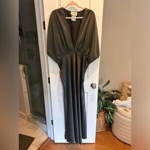 BHLND Forrest Green Leila Deep-V Flutter-Sleeve Satin A-Line Gown